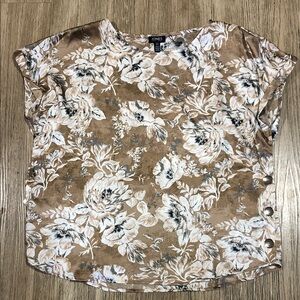 New Jones New York Tan Floral Short Sleeve Blouse with off White Print XL